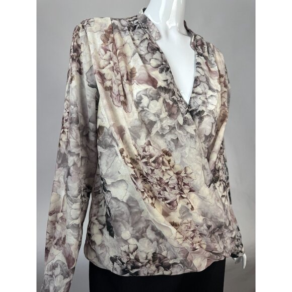 H&M Floral Blouse Wrap Style Draped Front Long Sleeve Polyester Womens L - Picture 12 of 16